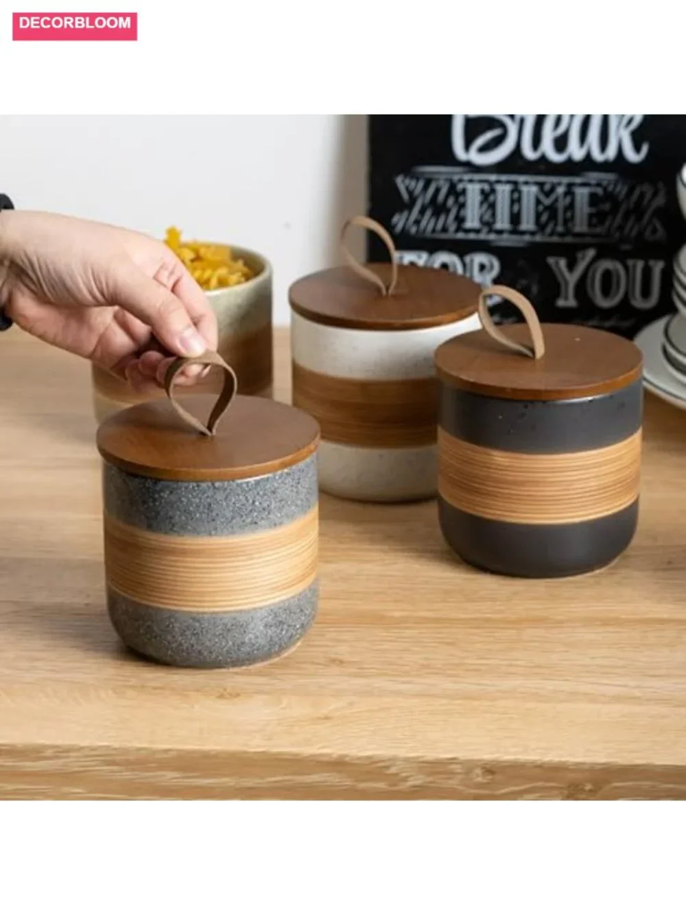 Small Ceramic Jar with Airtight Wood Lid for Coffee Sugar Tea Storage